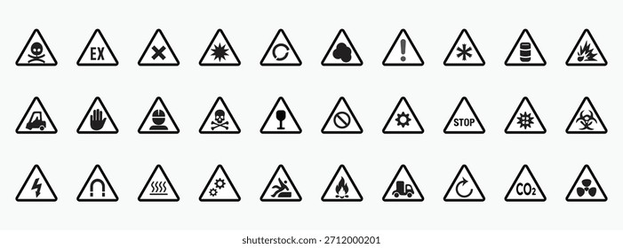 Conjunto de iconos de advertencia y peligro lineal negro con calor-frío, radiación, ondas de cámara y reactivos químicos sobre un fondo blanco
