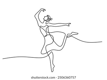 Black linear design of a ballet dancer in continuous line art style. Abstract ballerina illustration on a white backdrop.