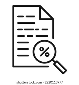 Black linear discount document with magnifier. Explore interest contract vector icon. Money and finance document with rate.