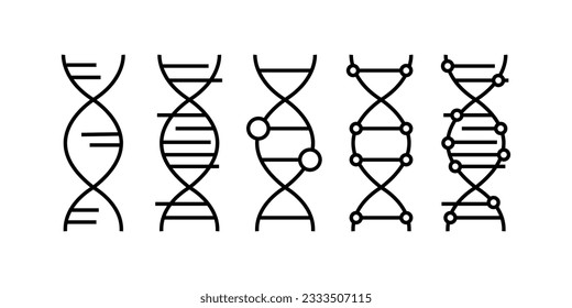 Black linear dna icons set. Concept of genetic engineering, study of the structure of the genome, change, cloning, biotechnology. graphic design, simple elements isolated on white background