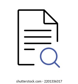 Black linear document with searching magnifier. Search and explore files  vector icons.