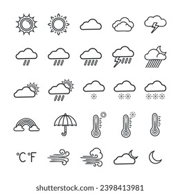 Black linear doodle weather icon set on white background. Vector illustration.