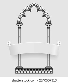 Black linear drawing of classic gothic architectural decorative frame with a white three-dimensional banner on grey background. Vector Illustration