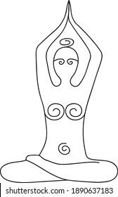 Black linear drawing of a female silhouette seated in a lotus position. Vector freehand drawing on a yoga theme. Vector linear illustration.