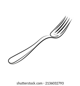 Black linear drawing of a fork on a white background. Illustration for books, advertisements, menus.