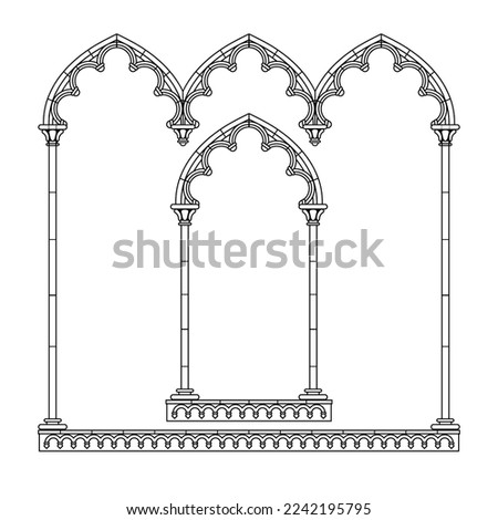 Black linear drawing of two classic gothic architectural decorative frames isolated on white. Vector Illustration ストックフォト © 