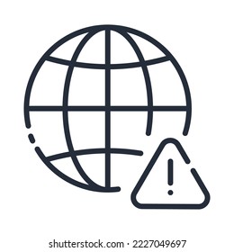 Black linear Earth globus with warning sign. Network problem and error concept icon design. No internet connection.