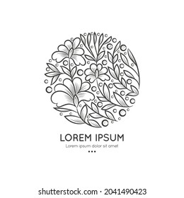 Black linear emblem with flowers in a circle shape. Can be used for jewelry, beauty and fashion industry. Great for logo, monogram, invitation, flyer, menu, background, or any desired idea.