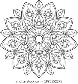black linear floral mandala on transparent background. Decorative element, coloring page
