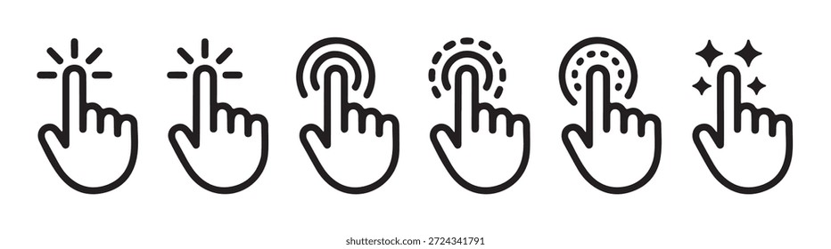 Cursor de mano lineal negro haciendo clic en los iconos colección de gestos de pantalla táctil establecido para proyectos de Diseño web digital