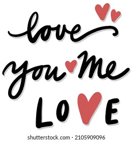 black linear hand drawn calligraphic love text with red hearts romantic vector centerpiece isolated on white background
