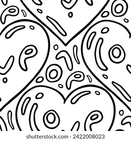 black linear hand drawn calligraphic heart shape element with love text romantic monochrome vector seamless pattern isolated on white background
