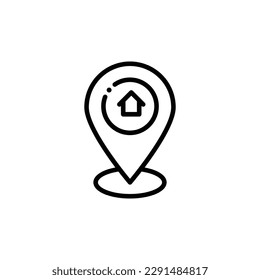 Black linear home location vector icon. GPS marker with home sign concept icon design.