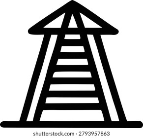 Black linear icon depicting tall observation tower with structural supports, ladder rungs for climbing, safety platform at peak, industrial engineering concept, minimalist graphic.
