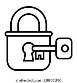 black linear icon of a door padlock with a key. flat vector illustration.