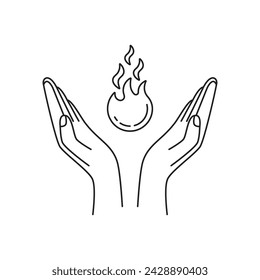 black linear icon with two hand and fire. human charity or donation concept for graphic design or outline web element. burn kilocalories or finding right way like silhouette of arm with bonfire