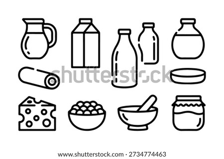 Black linear icons representing organic dairy supplies including fresh milk carton wedge cheese and bowl yogurt