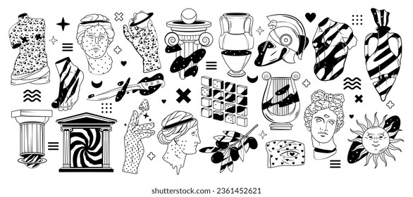 Black linear icons set in greek surreal style. Greek ancient statues, space and architectural objects. Vector isolated clipart. Female and male body parts, torso and head, hand and foot.