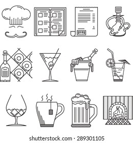 Black linear icons vector collection of restaurant elements and beverage menu on white background.