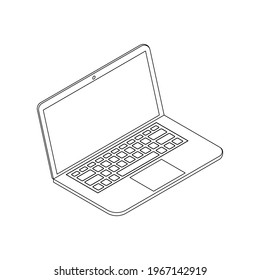 black linear isometric laptop. opened digital device from front side. modern wireless technology for problem solving, training, work. simple template for advertising, print, social media, web sites