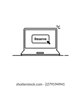 portátil lineal negro con libro ahora. concepto de reserva fácil por portátil o dispositivo móvil y motel de pre-pedido. derrame de trazo plano moderno ui logotipo gráfico diseño simple aislado en fondo blanco