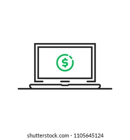 black linear laptop with dollar coin. concept of earning money online or winnings at the casino or lottery. flat stroke trend modern simple logotype graphic art design isolated on white background