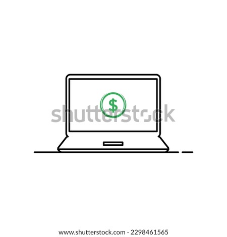 black linear laptop with dollar coin. concept of earning money online or winnings at the casino or lottery. flat stroke trend modern simple logotype graphic art design isolated on white background