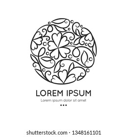 Black linear leaf emblem. Elegant, classic vector. Can be used for jewelry, beauty and fashion industry. Great for logo, monogram, invitation, flyer, menu, brochure, background, or any desired idea.