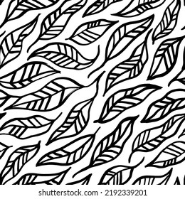 Patrón sin costuras de hojas lineales negras. Hojas abstractas dibujadas a mano con venas. Follaje de doodle pintado de negro. Follaje tropical de mano, hierbas, ramas bananeras. Ilustración de la planta de tinta.