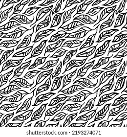 Black linear leaves vector seamless pattern. Hand drawn abstract leaves with veins. Black painted doodle foliage. Hand drawn tropical foliage, herbs, banana branches. Ink plant illustration.