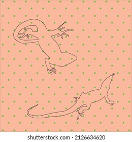 Black linear lizard pattern on green polka dot background, vector