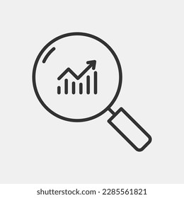 Black linear magnifier with growing charts and arrow vector icon. Graph analytics concept line design.