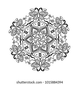 Black linear mandala on a white background.