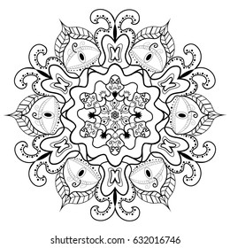 Black linear mandala on a white background. Vector illustration.