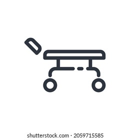 Black linear medical icon of medical gurney isolated on transparent background. Outline icon
