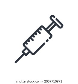 Black linear medical icon of syringe isolated on transparent background. Outline symbol