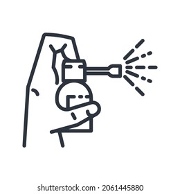 Black linear medical icon of throat spray isolated on transparent background. Outline icon
