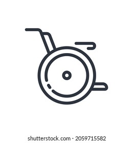 Black linear medical icon of wheelchair isolated on transparent background. Outline symbol
