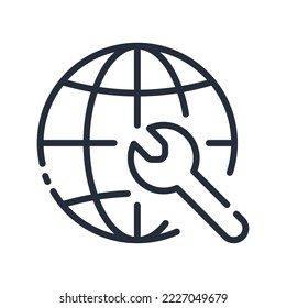 Black linear network technical work vector icon. Earth globus icon with wrench concept icon design. 