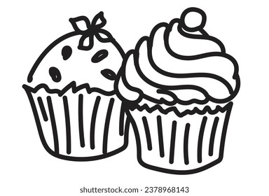 contorno lineal negro para el libro de colorear para niños. muffins en blanco y negro de cerca. icono lineal para menú, café y restaurante.