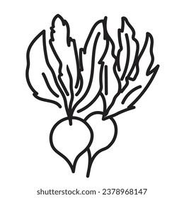 black linear outline for children's coloring book. black and white radish close-up. linear icon for menu, cafe and restaurant.