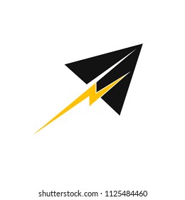Black linear paper plane icon/logo with yellow lightning. Isolated on white background, vector illustration, eps 10.
