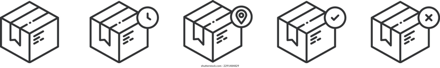 Black linear post boxes with time, confirmed, rejected and location signs vector icon set. Delivery services with markers concept icon design.