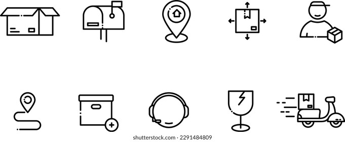 Juego de iconos de los vectores de entrega de paquetes y postes lineales negros. Diseño de iconos de concepto de envío y entrega.