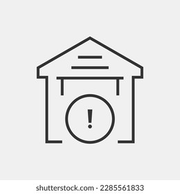 Black linear real estate with warning sign vector icon. House for sale with emphasis sign concept line design.