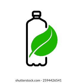 Black linear recycled plastic bottle with green leaf icon. Environmental conservation, waste reduction and reusable package symbol. Clean ecology focus on nature and water logo. Eco friendly sign