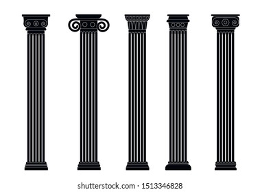 Black linear silhouette of old columns, colonnade. Set of four contours of Rome and Greece antique and columns. Outline vector illustration, isolated, flat style.