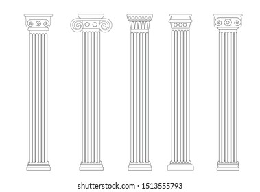 Black linear silhouette of old columns, colonnade. Set of four contours of Rome and Greece antique and columns. Outline vector illustration, isolated, flat style.