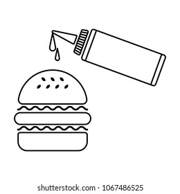 Black linear silhouettes of a hamburger and a sauce bottle, isolated.