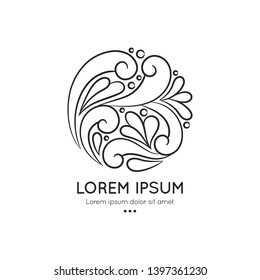 Black linear splash with drops logo. Elegant, classic vector. Can be used for jewelry, beauty and fashion industry. Great for emblem, invitation, flyer, menu, background, or any desired idea.